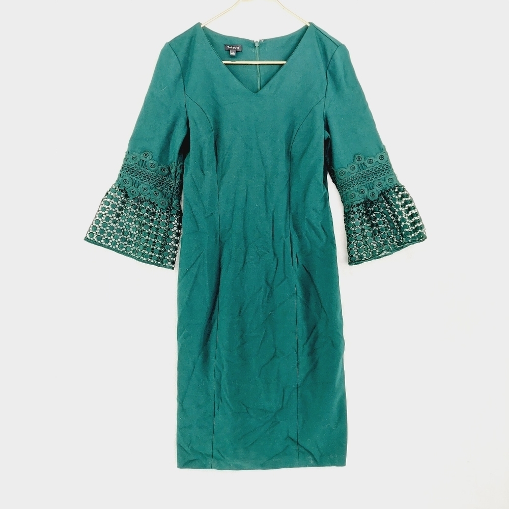 Talbots Shift Dress Womens Ponte Knit Green Lace Bell Sleeve Midi Dress P6311